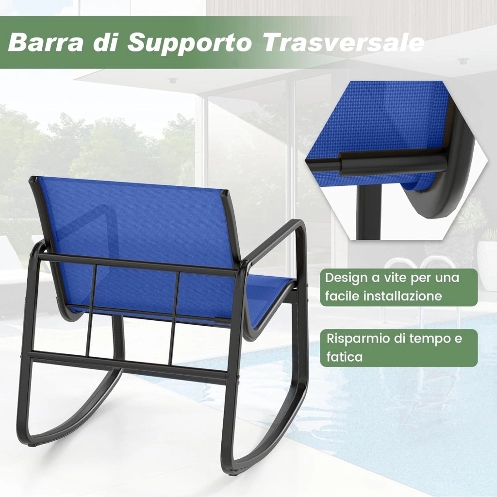 Set Bistrò 3 Pezzi, Sedie a Dondolo Ergonomiche in Textilene, Tavolino in Vetro Temperato, Struttura in Metallo, per Balcone, Giardino e Terrazzo (Blu)