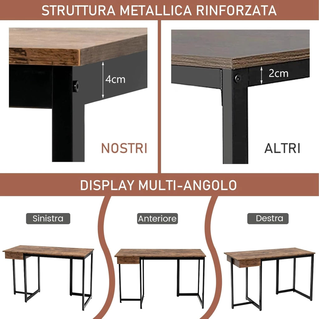 Scrivania per Computer con Cassetto, Scrivania per Ufficio con Struttura in Metallo, Ampio Piano 120 x 55 cm e Piedini Regolabili, 120 x 55 x 75 cm (Marrone Rustico)