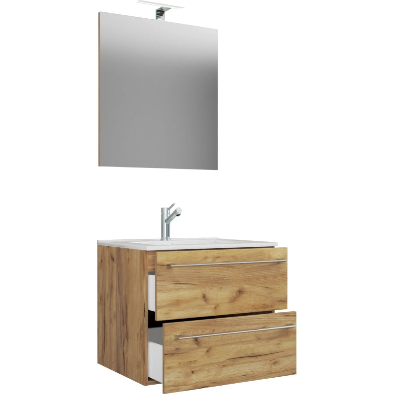 Completo di Ezooza Mobile Sospeso con 2 cassetti Large con lavabo in ceramica di alta qualità e specchio, Rovere miele ,