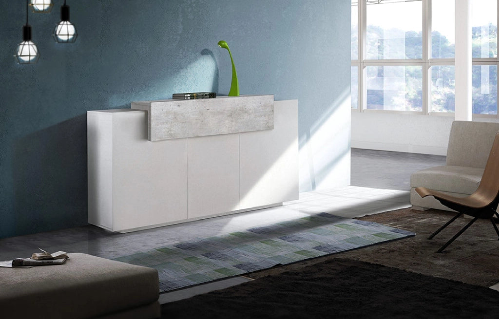 Credenza moderna CORO con 3 ante a battente e 1 anta a ribalta in bianco lucido e cemento