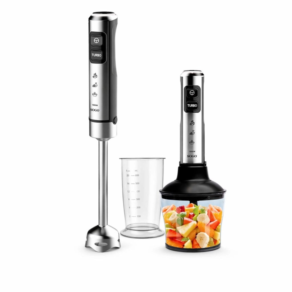 Frullatore a immersione 1500W con tritatutto 650ml, 23 velocità e lame titanio con accessori completi - Sogo