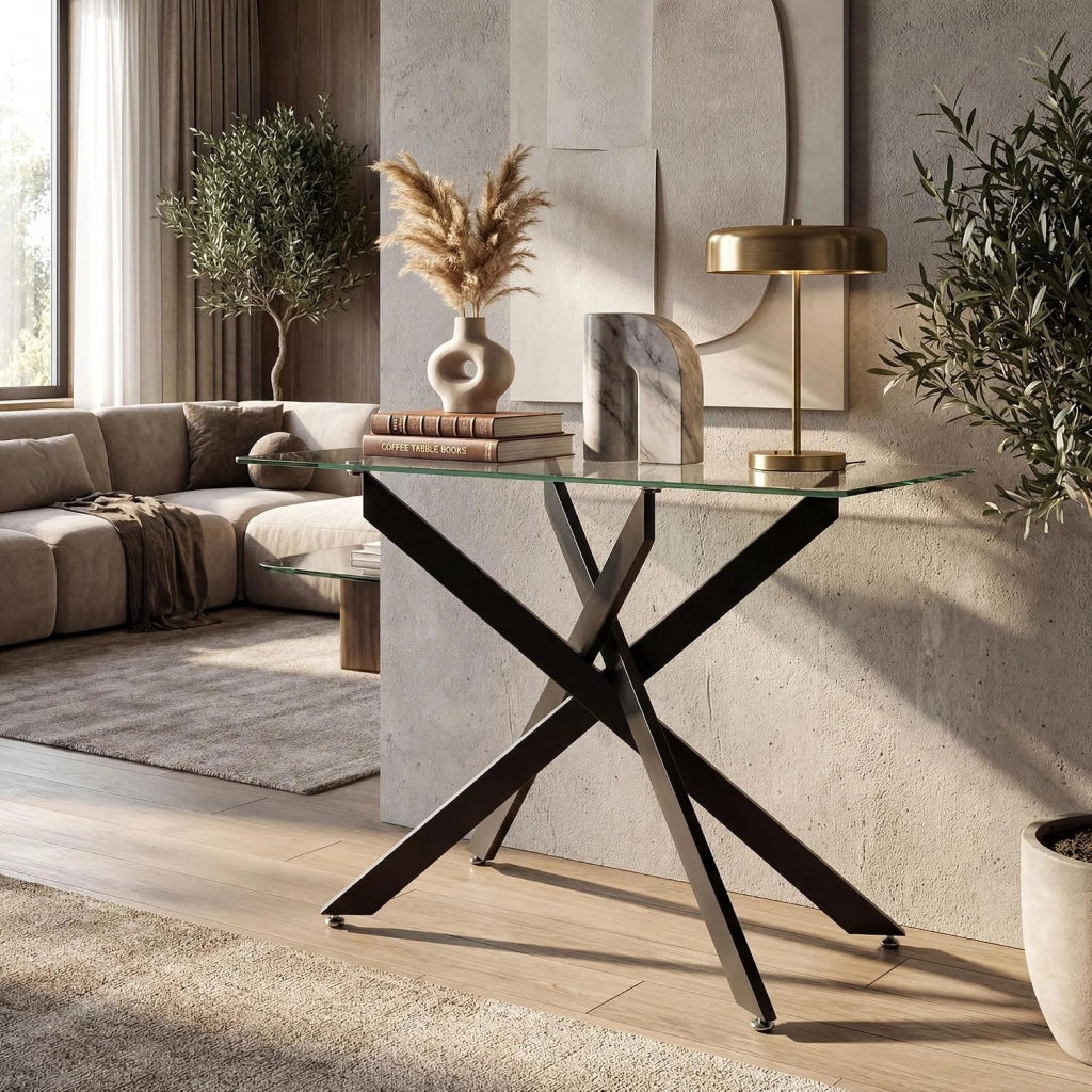 Tavolo Consolle in Vetro Temperato 115 x 45 x 78 cm, Consolle Ingresso Telaio Robusto con Gambe in Metallo Incrociate e Piedini Regolabili, Salvaspazio, per Soggiorno e Corridoio