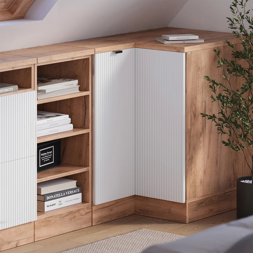 Mobile cucina angolare per sottotetto R-Line Ondulazione bianca/Rovere dorato 75.6 cm con 1 porta, carcassa dell’armadio profondità 60 cm Vicco