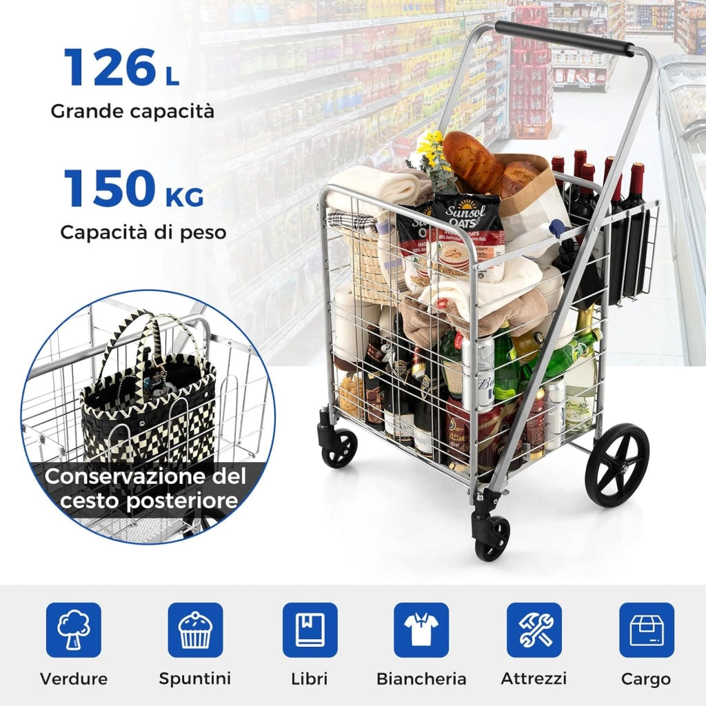 Carrello Portaspesa Pieghevole con Sacca, Carrello della Spesa Pieghevole con Ruote Girevoli a 360°, 2 Cesti, Capacità di Carico: 150 kg, 126 L, 66 x 64 x 103 cm (Argento)