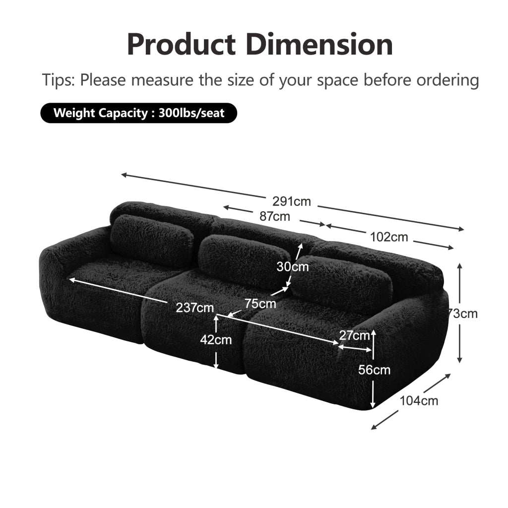 Divano Modulare 3 Posti Senza Montaggio con Cuscini; Base Antiscivolo; Comfort Ergonomico in Peluche Nero