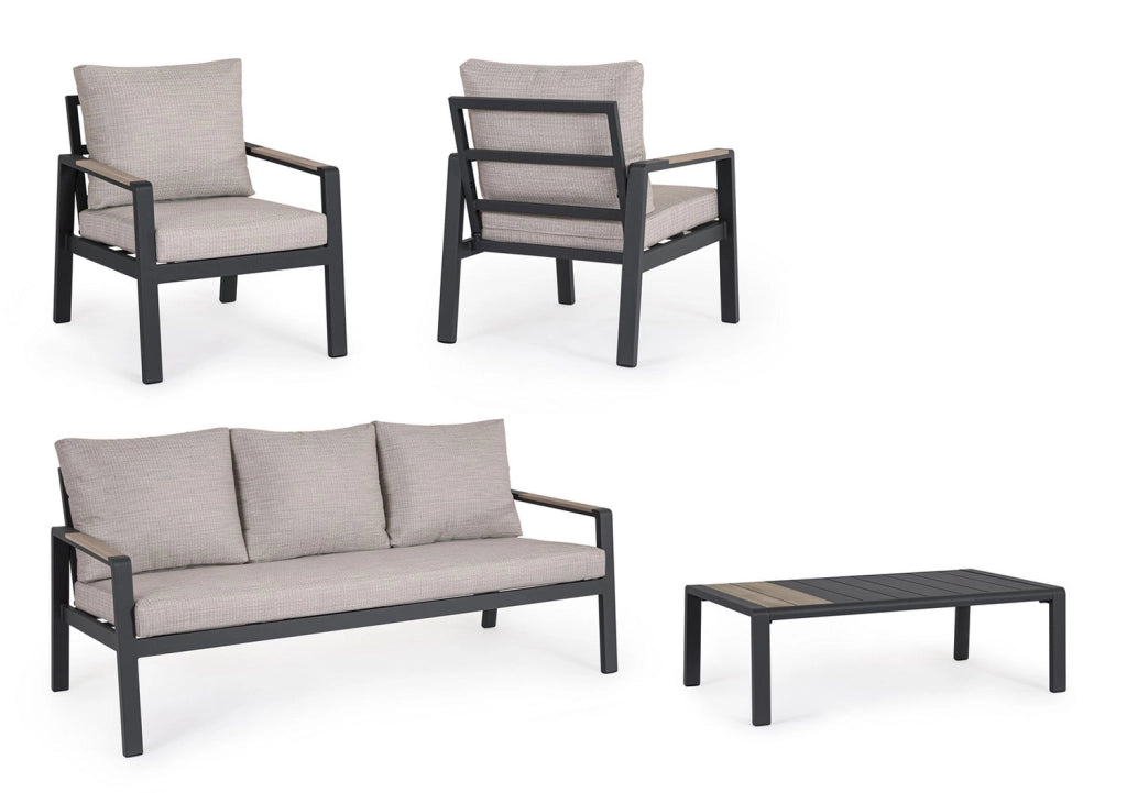 Set 4 Pezzi Salotto da Giardino con Divano 2 Poltrone e Tavolino in Alluminio e Polywood Elna Antracite