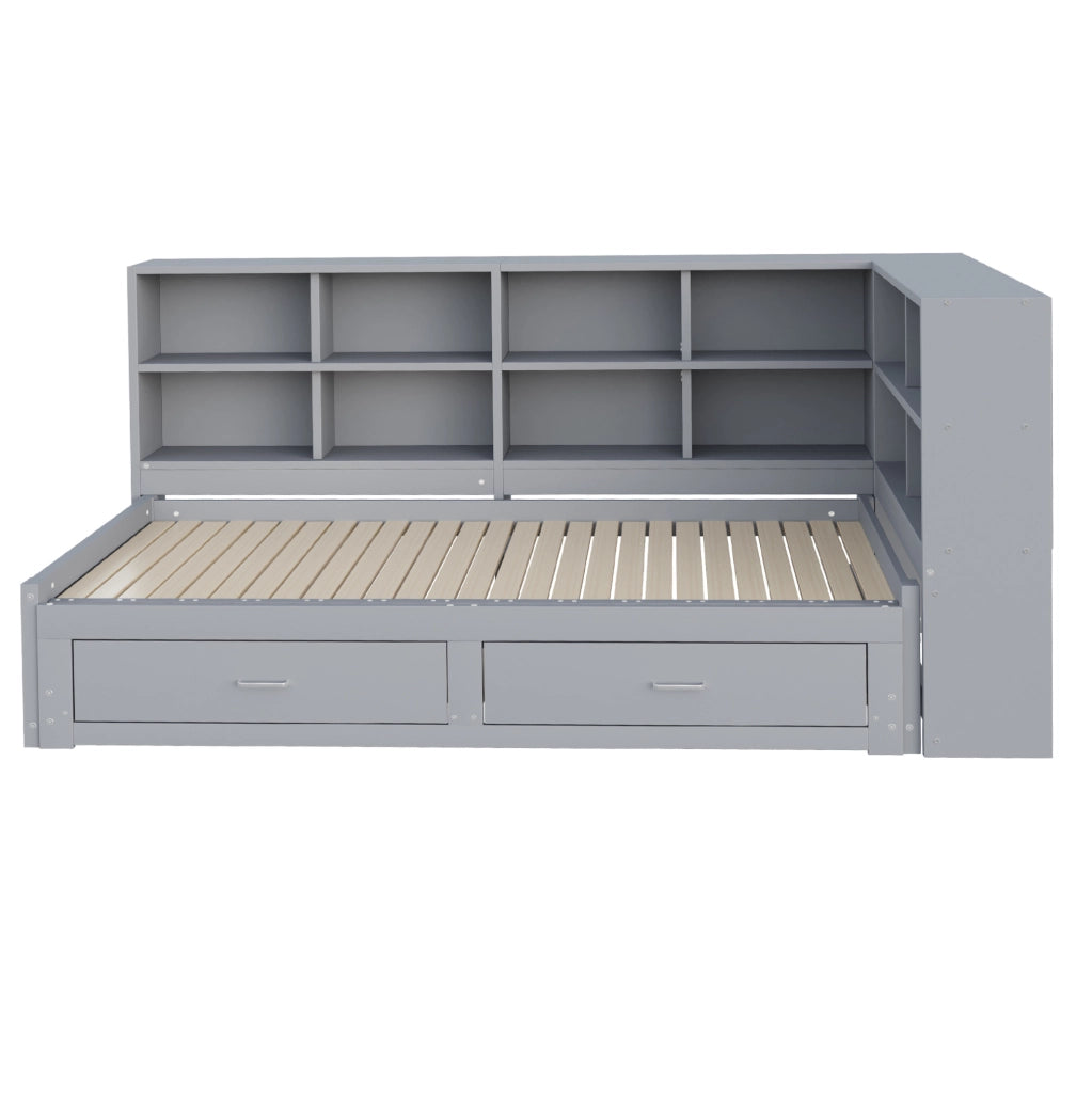 Letto multifunzione 90/180x190 cm con contenitore; prese multifunzione e cassetti in legno grigio