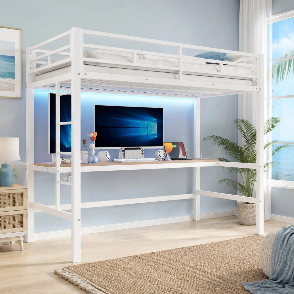 DESMIU Letto a soppalco Letto singolo 90 × 200 cm con scrivania, USB, Type-C e LED, senza materasso, metallo, bianco