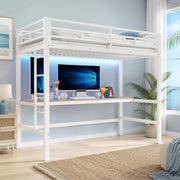 DESMIU Letto a soppalco Letto singolo 90 × 200 cm con scrivania, USB, Type-C e LED, senza materasso, metallo, bianco