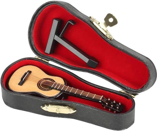 Decorazione per chitarra miniatura con sostegno e scatola - modello di chitarra in miniatura in legno - ornamenti musicali artigianali cultura domestica.