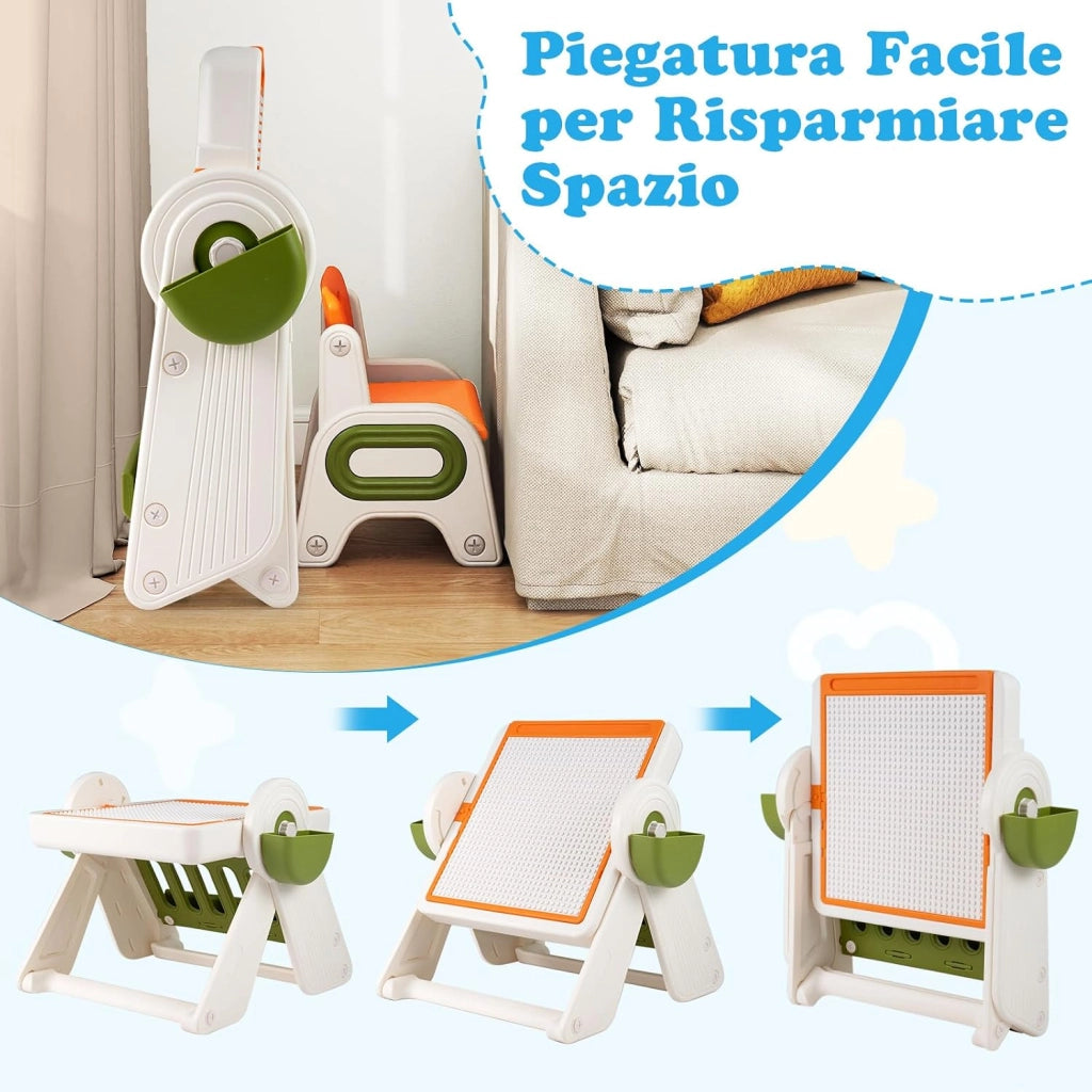 Set Tavolo e Sedia 6 in 1 per Bambini 18+ Mesi, Tavolino Pieghevole con Piano Reversibile, Porta Penne, Cesti Contenitori e Scaffale, Tavolo Salvaspazio per Giochi per Cameretta (Arancione)