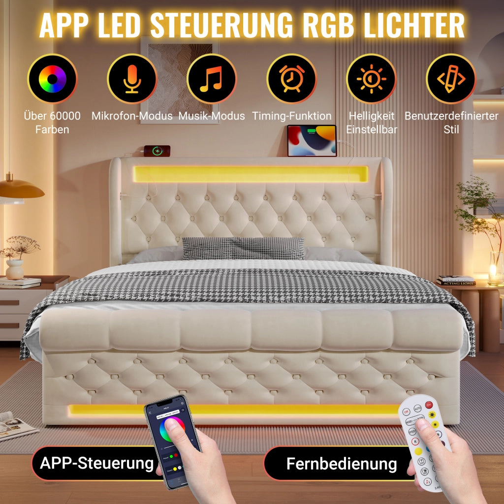 LETTO Contenitore idraulico 140x200 cm velluto beige con LED, USB e Type-C