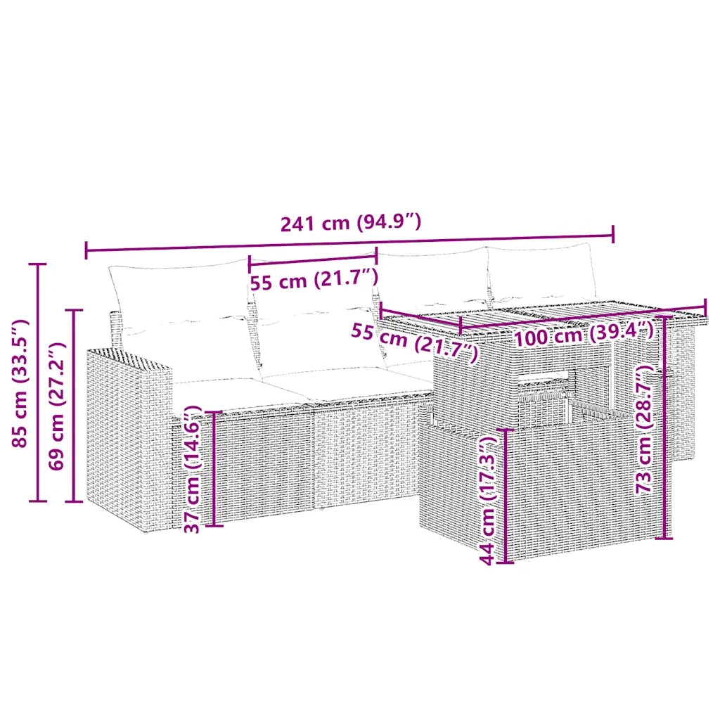Set Divano da Giardino 5 pz con Cuscini Beige in Polyrattan