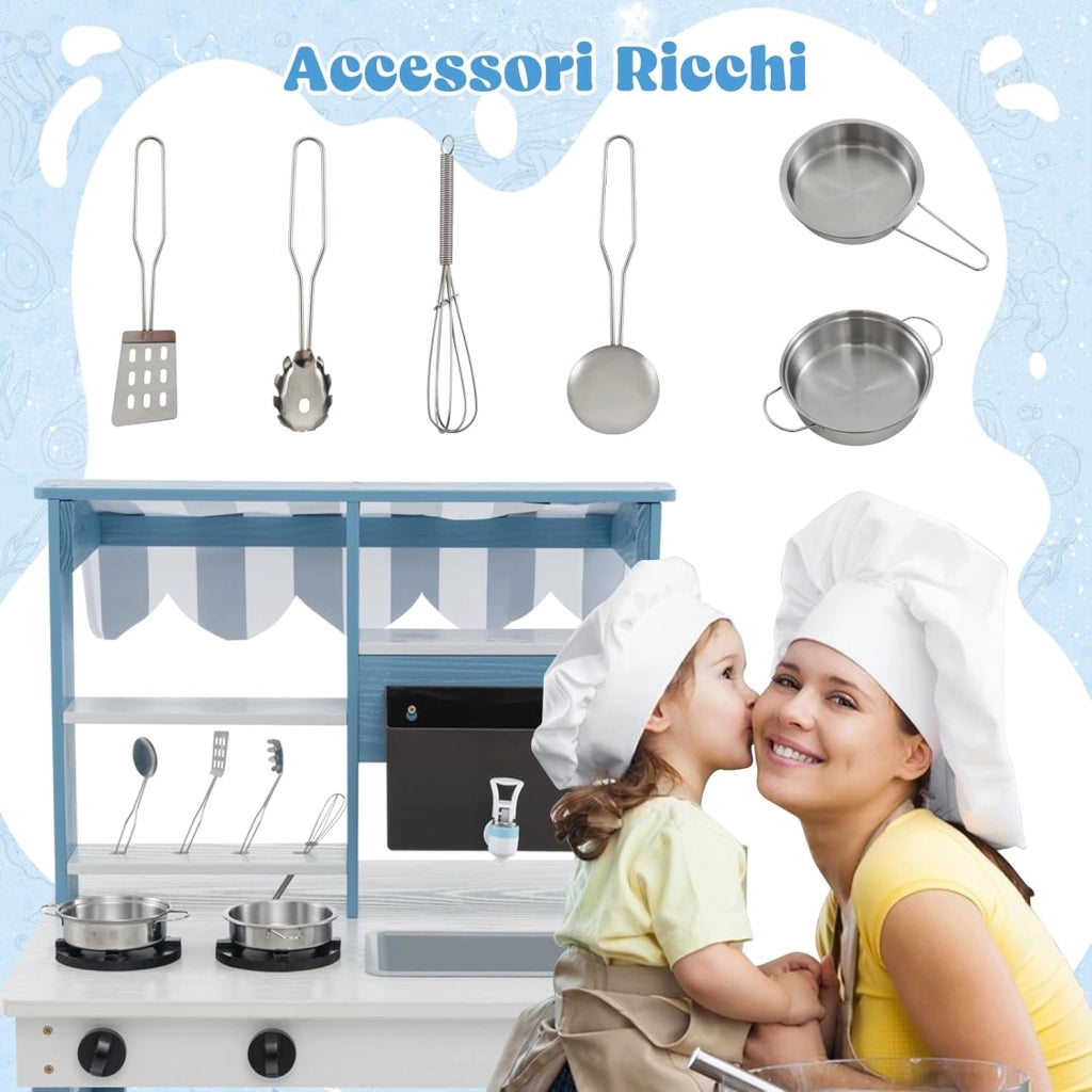 Cucina Giocattolo per Bambini, Cucina per Bambini a Doppia Faccia con Stufa a Gas, Lavello e Rubinetto, Tenda da Sole, Con Suoni, per Bambini 3+ Anni