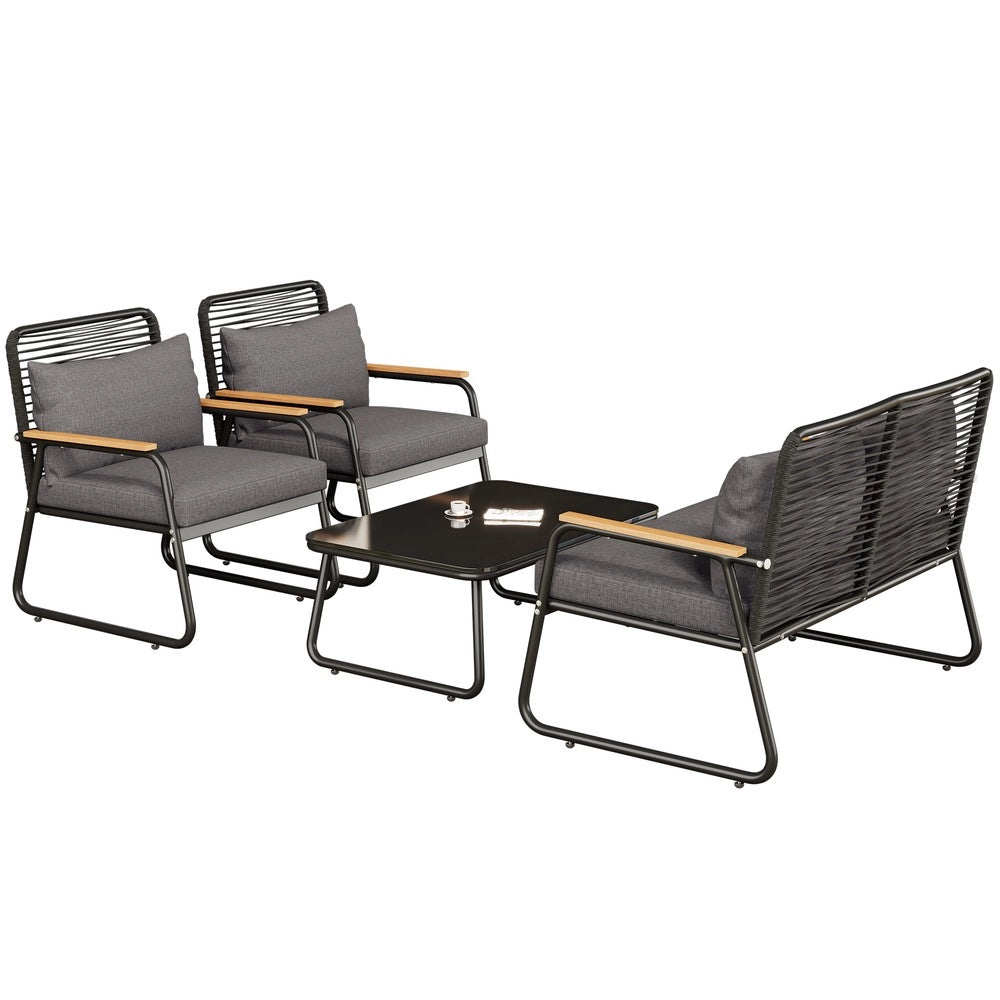 Set da giardino per 4 persone - Zephmum- Struttura in ferro zincato, vetro temperato, gambe regolabili, cuscini inclusi, nero