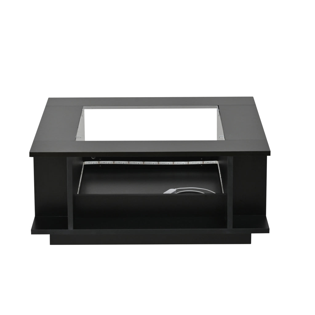 Tavolino da salotto quadrato con vani aperti e spazio laterale; piano in vetro; LED; nero 70 × 70 × 30 cm