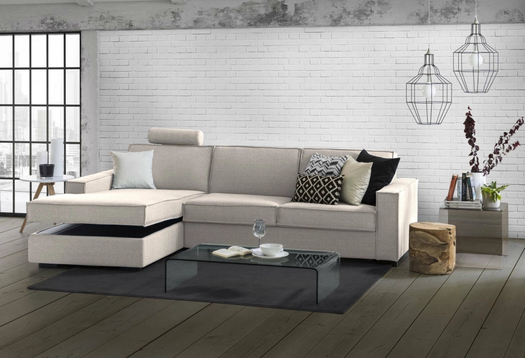 Divano fisso Sodalite, Divano ad angolo, Made in Italy, SofÒ  Soggiorno con, penisola contenitore Sinistra, con Braccioli slim, cm 260x95h90, Tortora