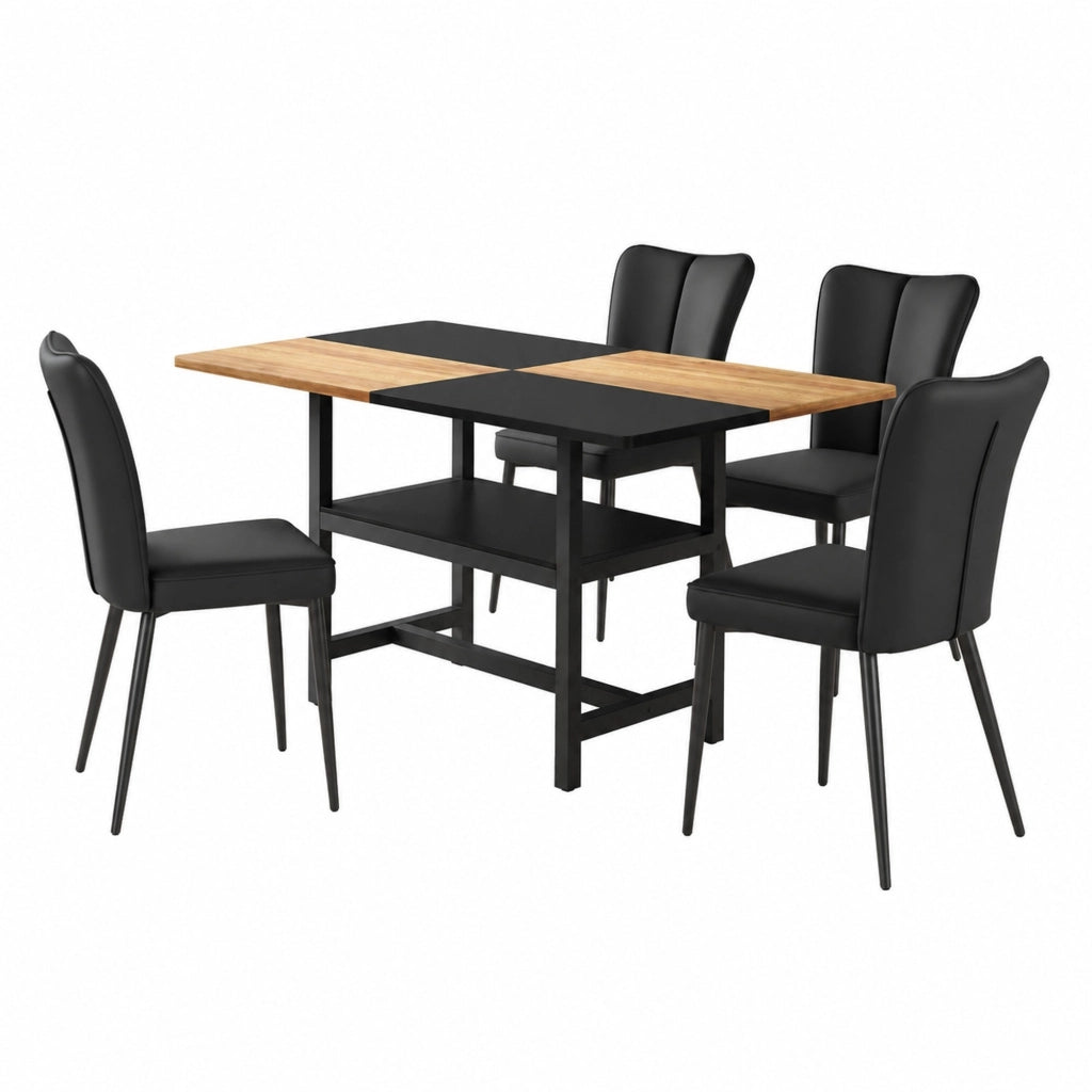 Set tavolo da pranzo e sedie con 1 tavolo e 4 sedie; portaoggetti; in MDF; metallo e similpelle marrone e nero