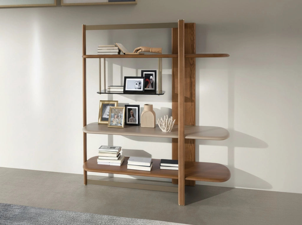 Libreria rettangolare destra in noce chiaro e legno color greige