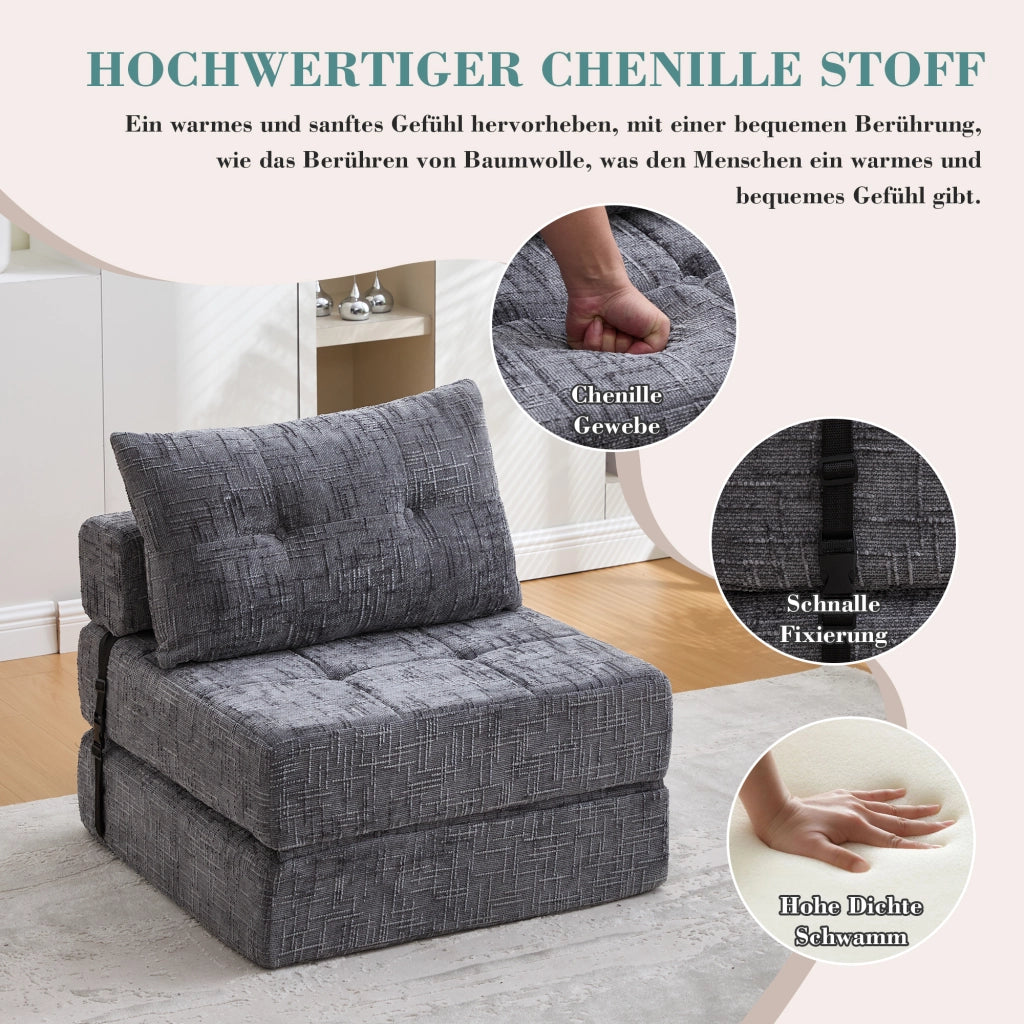 Divano letto pieghevole con Schienale e Cuscini per Testa e Lombare, in Ciniglia, Grigio 29.0 × 29.0 × 88.0 cm