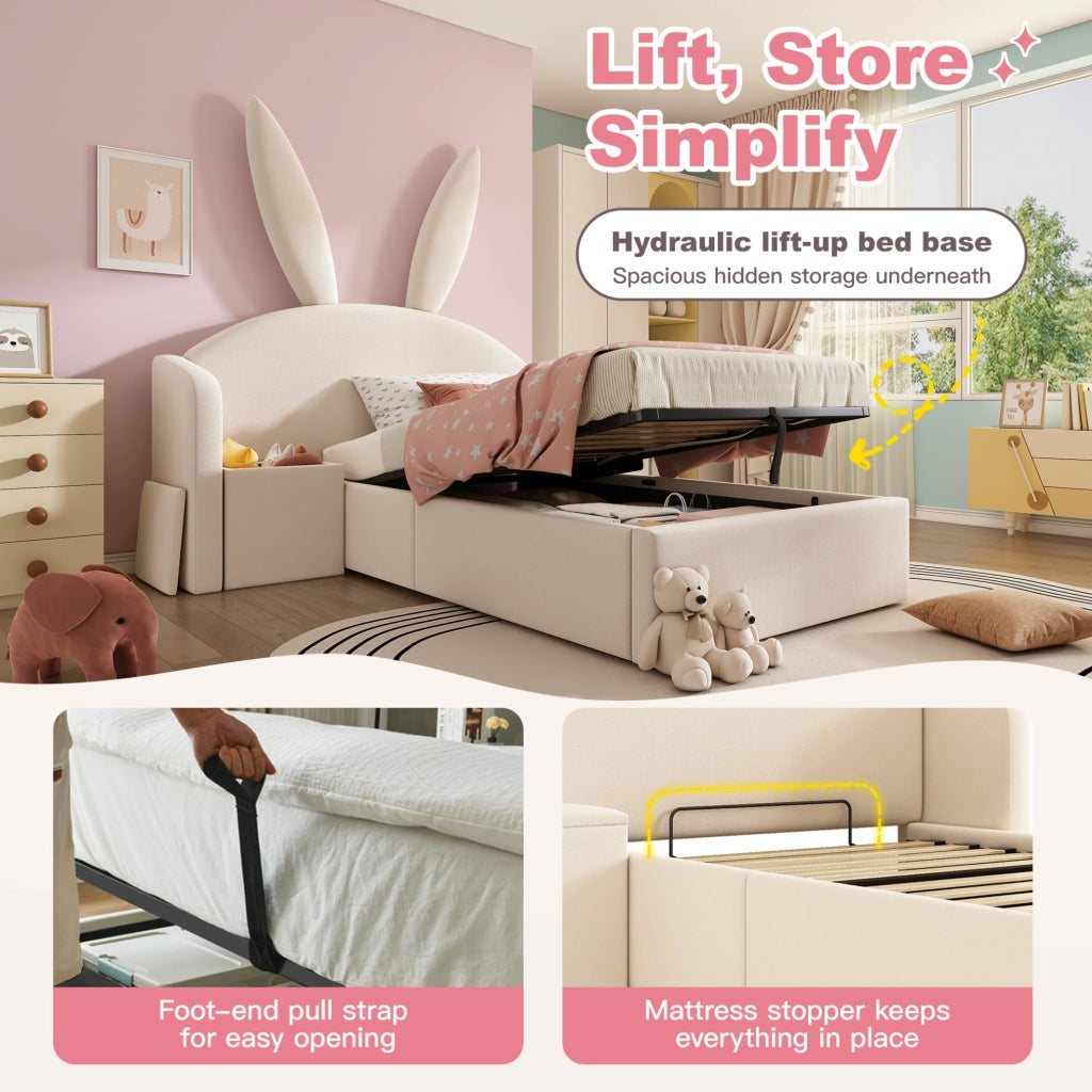 Letto imbottito 90x200 cm in velluto beige con comodino integrato e contenitore idraulico