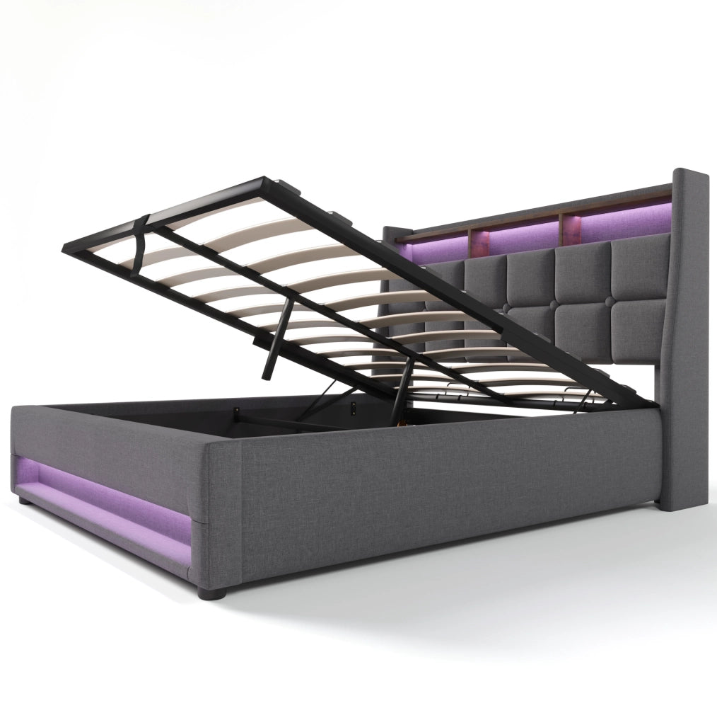 Letto matrimoniale 160x200 cm imbottito con LED e USB; in lino grigio; con contenitore
