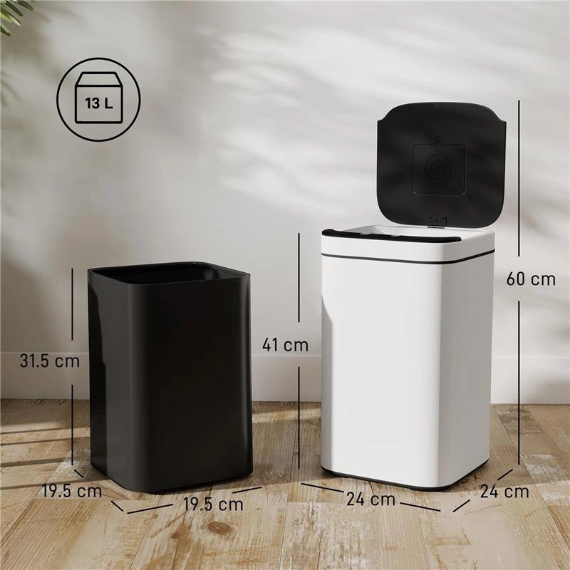 BIDONE PER IMMONDIZIA DA 13L CON SENSORE E SPAZIO PER DEODORANTI, IN ACCIAIO E PP, 24X24X41 CM, BIANCO E NERO