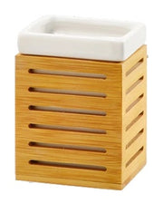 Portaspazzolino Accessorio da Bagno in Ceramica e Bamboo 8,5 x 6,5 x 11,5 cm