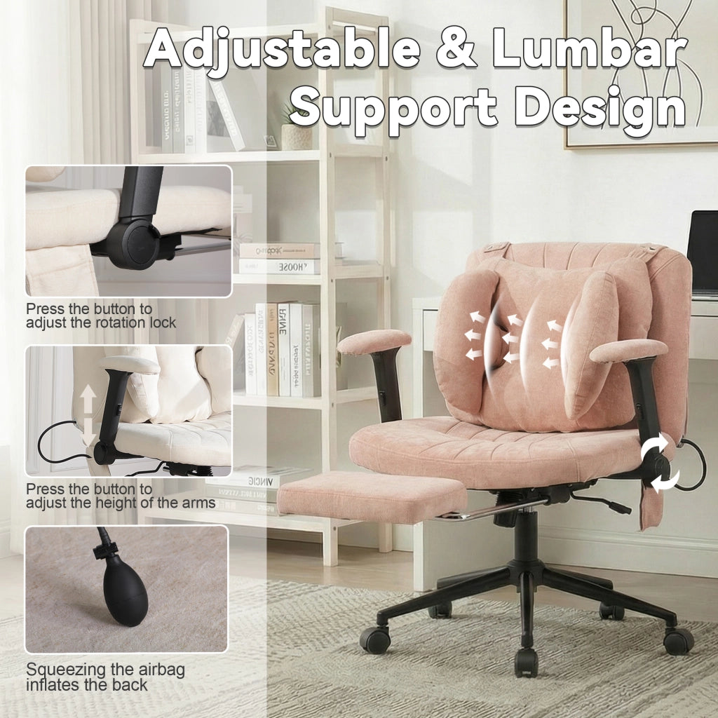 Chaise de bureau girevole in tessuto con supporto lombare gonfiabile seduta ampia base stabile e ruote silenziose rosa