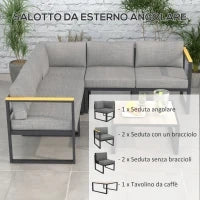 Salotto da Giardino con Divano e Tavolino in Alluminio con Cuscini Imbottiti, Grigio