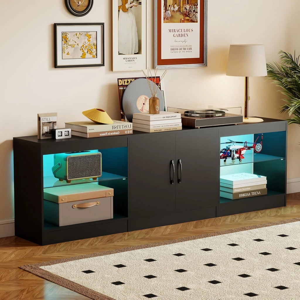 Mobile TV da 85" 3 in 1 con Luci LED, Mobiletto porta Televisori Liberamente Combinabile da 3 Pezzi, con Ripiani in Vetro Regolabili, per Soggiorno, Camera da Letto, 195x30x55cm (Nero)