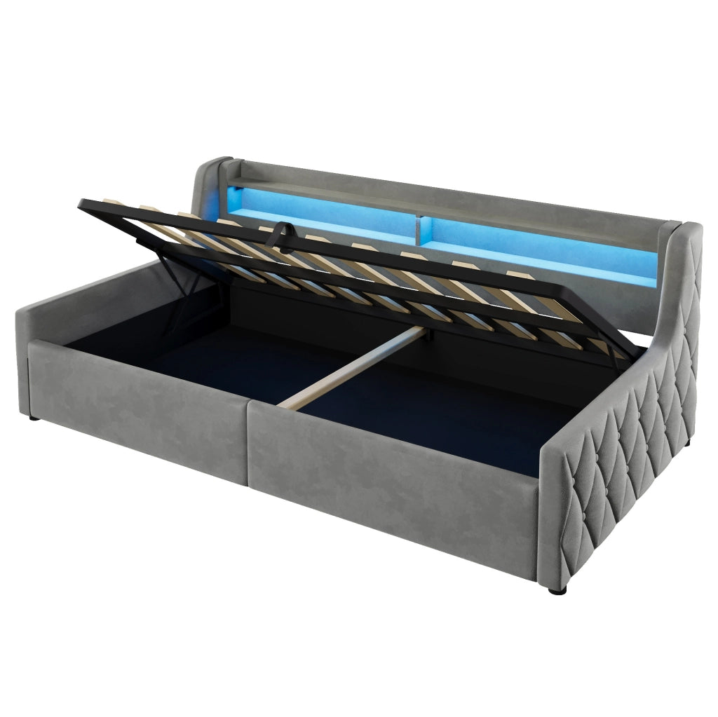 Letto singolo 90x200 in velluto grigio con LED e contenitore