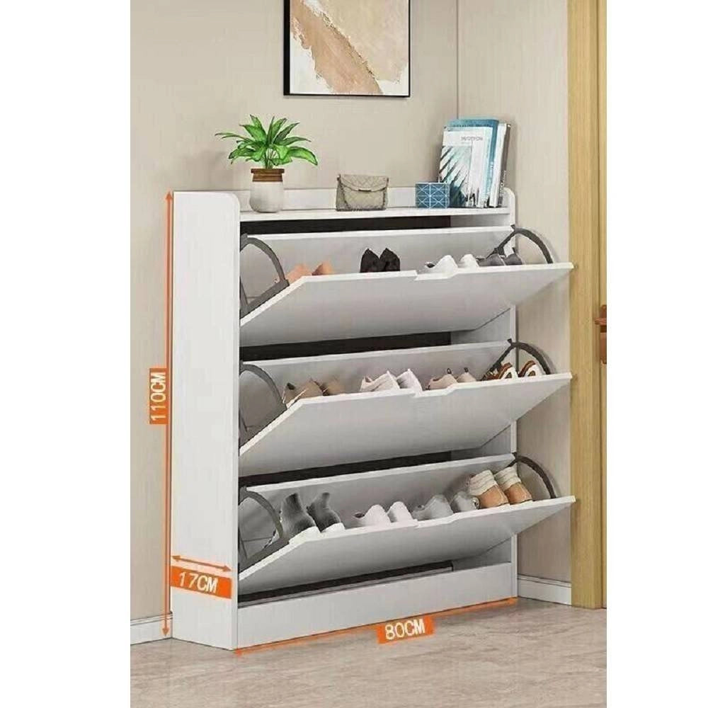 Trade Shop - Scarpiera Salvaspazio Mobile Porta Scarpe 3 Ante A Ribalta In Bianco 110x80x17cm -
