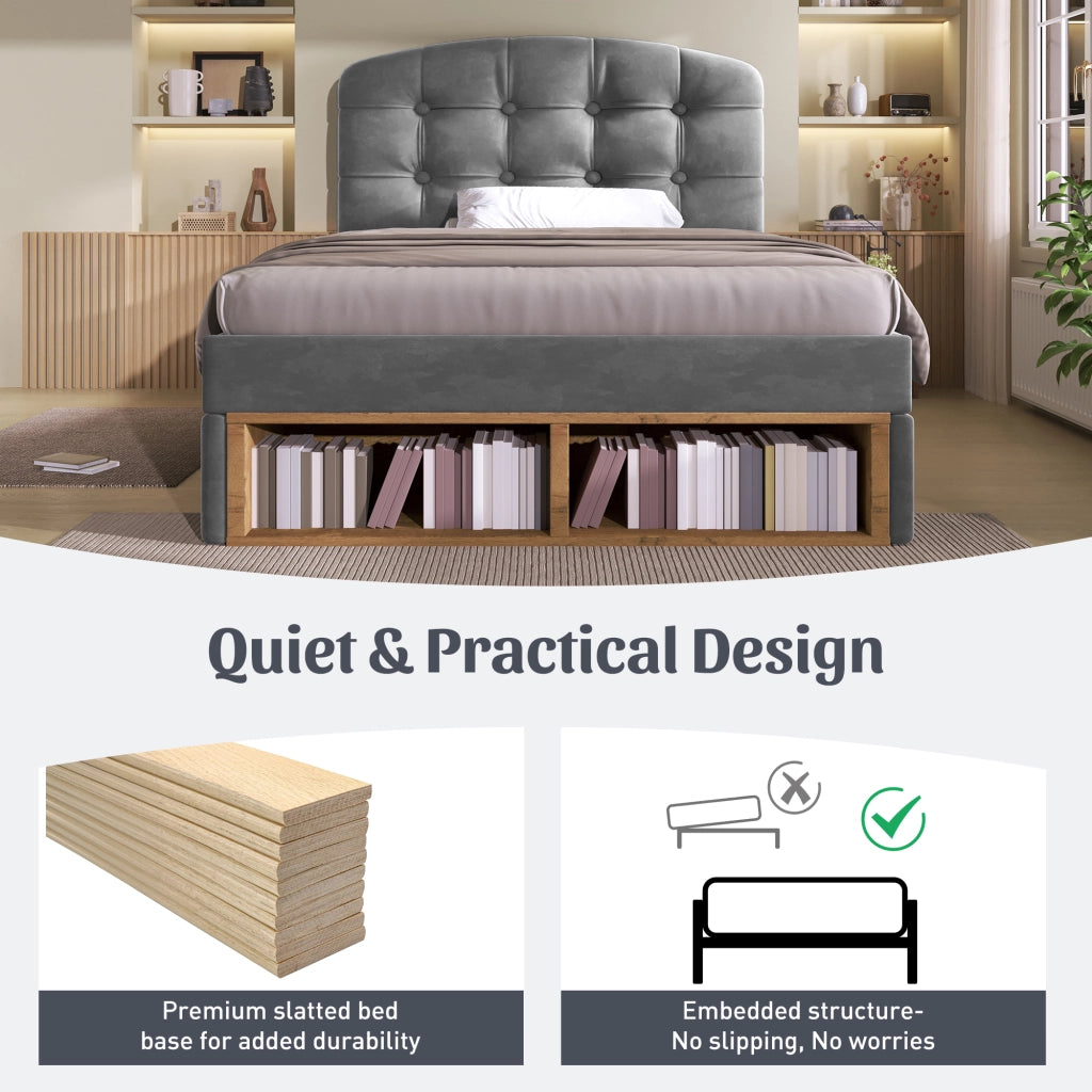 Letto singolo 90 × 200 cm con cassetti e vani portaoggetti testiera regolabile in velluto grigio con rete a doghe