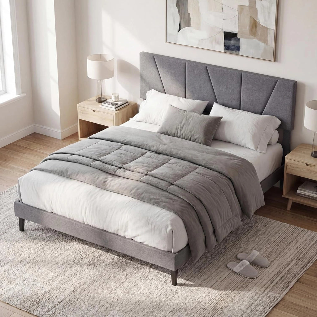 Struttura Letto Matrimoniale, Letto Piattaforma Rivestito in Lino con Testiera Regolabile in Altezza, Doghe in Legno a Supporto del Materasso, Silenzioso (200x160cm)