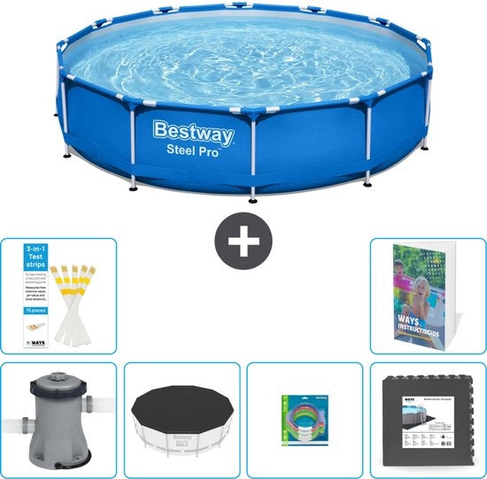 Piscina Rond Acciaio Pro - 366 x 76 cm - Blu - Inclusa Pompa Copertura - Giocattoli - Pavimenti - 7 pezzi