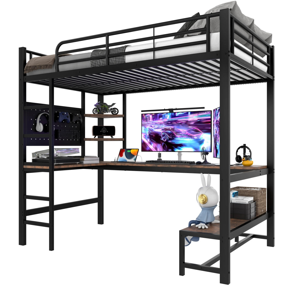 Letto a soppalco 90x200 cm nero con scrivania, LED, USB/Type-C e ripiani
