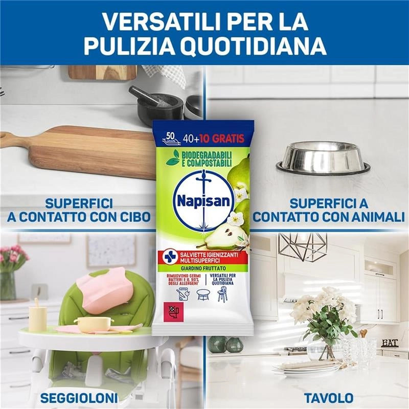 NAPISAN SALVIETTE IGIENIZZANTI MULTISUPERFICI GIARDINO FRUTTATO 1 CONFEIZIONE DA 50 SALVIETTE IGIENIZZANTI