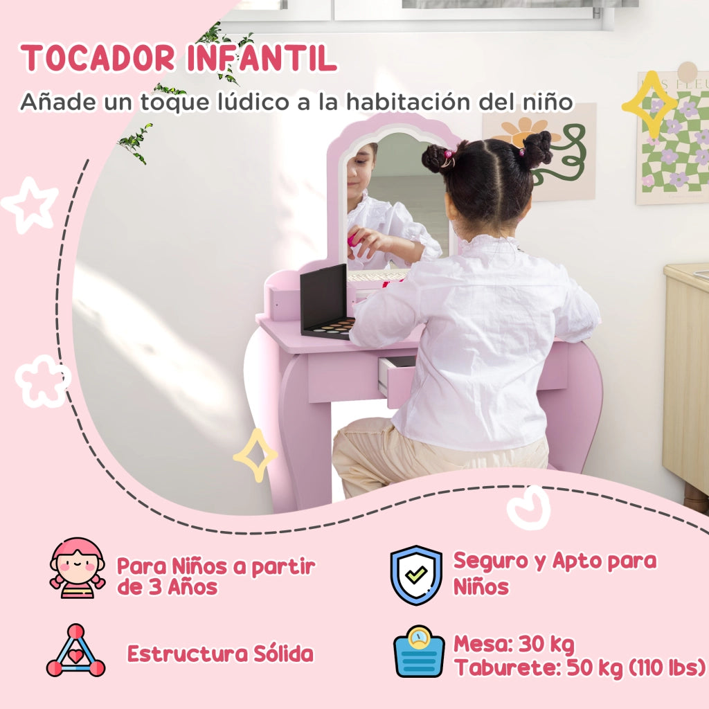 Tocador bambini con specchio cassetto e sgabello ¨C zephmum ¨C rosa 90x50x100