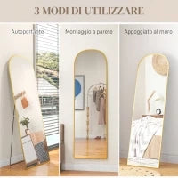 Specchio da Terra e Parete Moderno in Lega di Alluminio con Supporto Pieghevole, 50x170cm, Oro