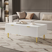 Tavolino basso con 2 cassetti e finitura a strisce verticali per soggiorno in MDF, bianco e oro, 100 × 50 × 40 cm