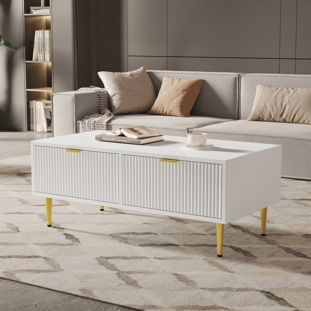 Tavolino basso con 2 cassetti e finitura a strisce verticali per soggiorno in MDF, bianco e oro, 100 × 50 × 40 cm