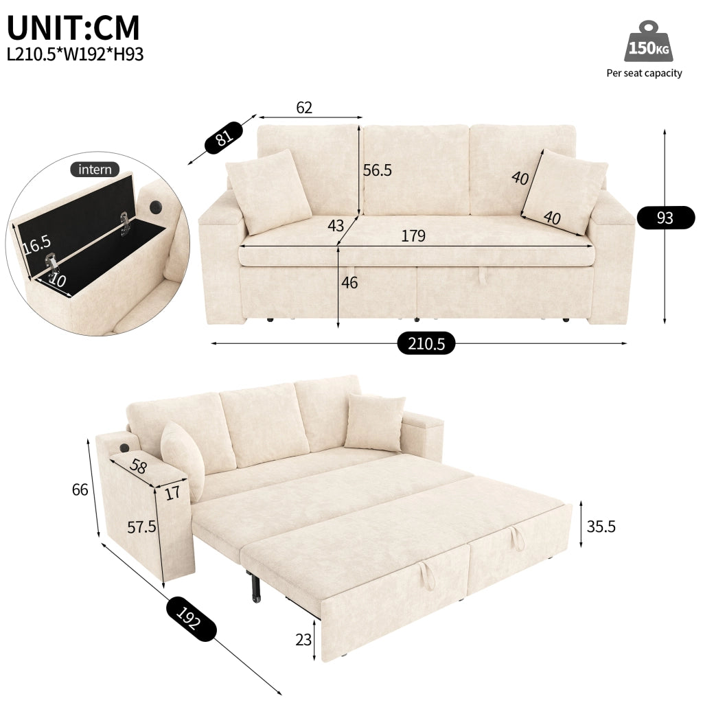 Divano letto 3 posti - con funzione letto; contenitore e porte USB e Type-C - in ciniglia beige