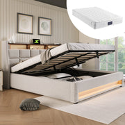 Letto contenitore 160 × 200 cm con LED, USB e materasso incluso, in lino beige