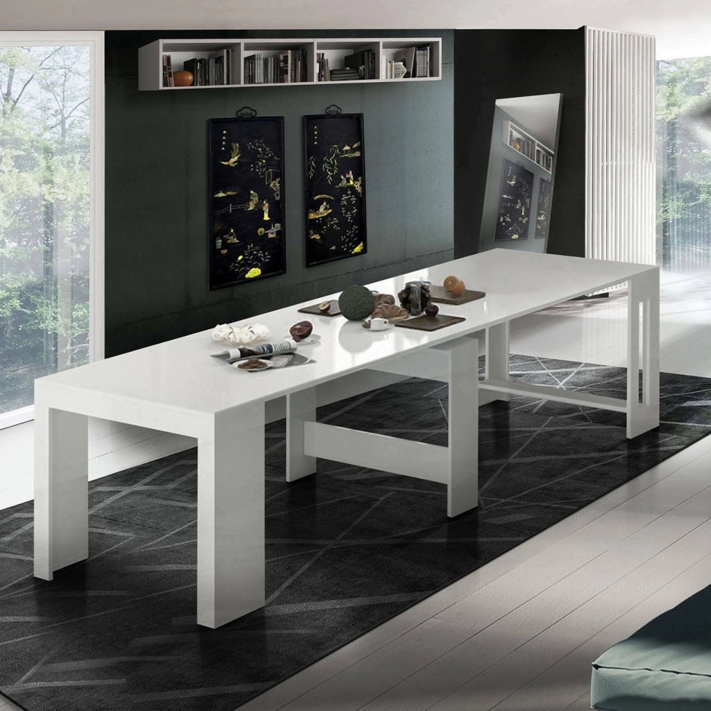 Tavolo da pranzo Anello, Made in Italy, Consolle allungabile fino a 12 posti, con portallunghe, cm 51/300x90h77 Bianco lucido