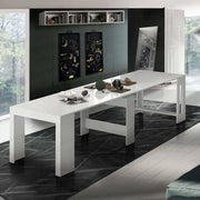 Tavolo da pranzo Anello, Made in Italy, Consolle allungabile fino a 12 posti, con portallunghe, cm 51/300x90h77 Bianco lucido