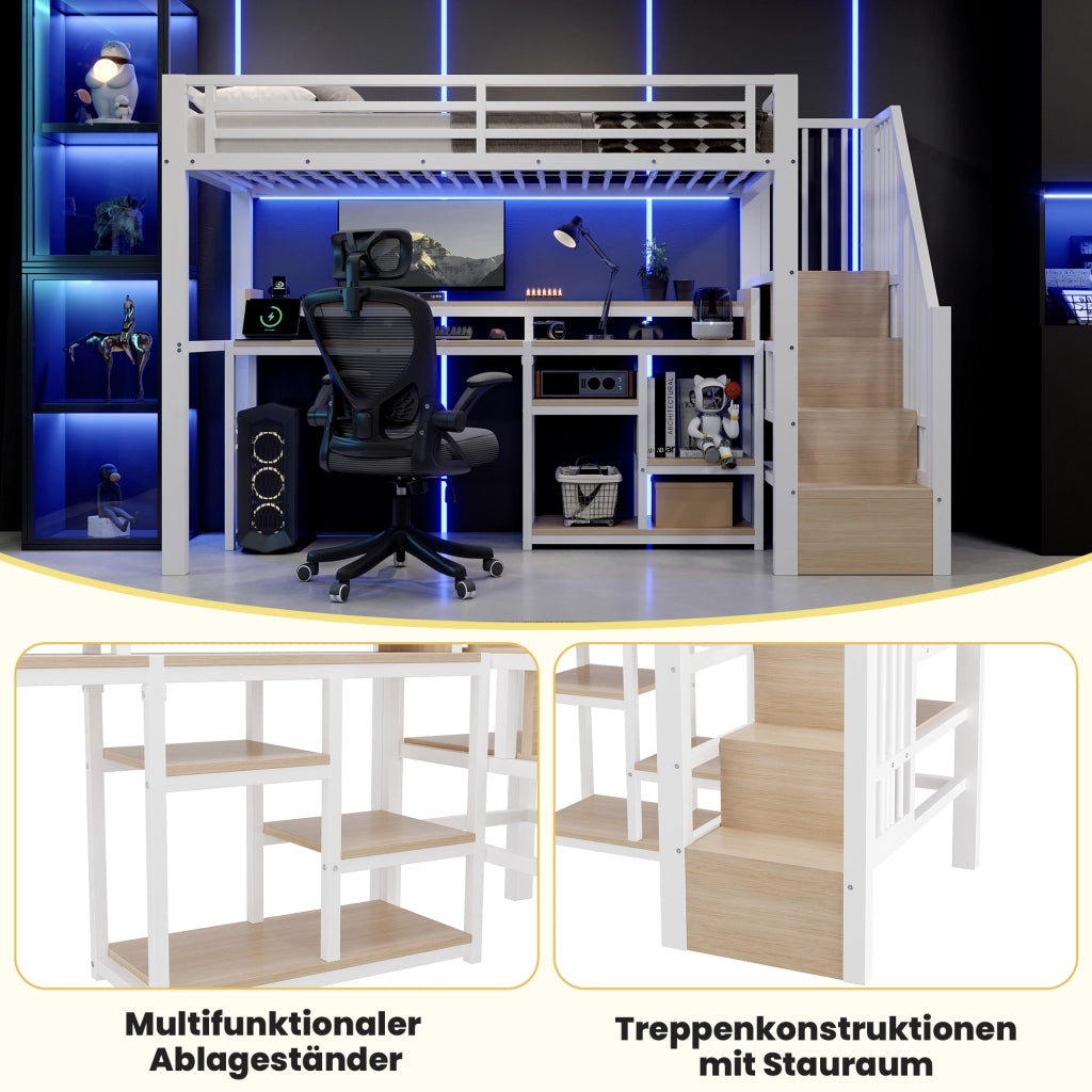 Letto a soppalco 90 × 200 cm con scala contenitore, ripiano, USB e Type-C, LED, senza materasso, bianco
