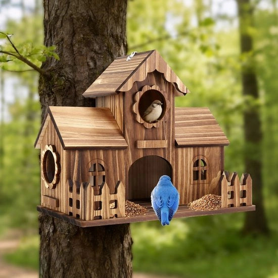 Casa per Uccelli in Legno con 4 Fori - Appeso - Doppie Viti - Per Giardino e Cortile