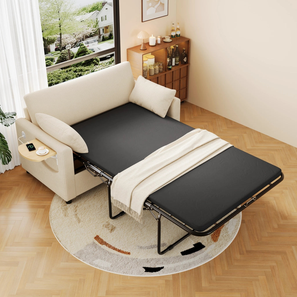 Divano letto convertibile a 2 posti in tessuto a coste con tavolino pieghevole, porte USB e tasca laterale beige