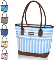 Tirrinia Grande Tasca Isolata 20L, Borsa da Spesa Opportuna con Cerniera, Borsa Isolata Tote Bag per Picnic Mare Auto Tasca da Pranzo, Strisce Blu Pastello